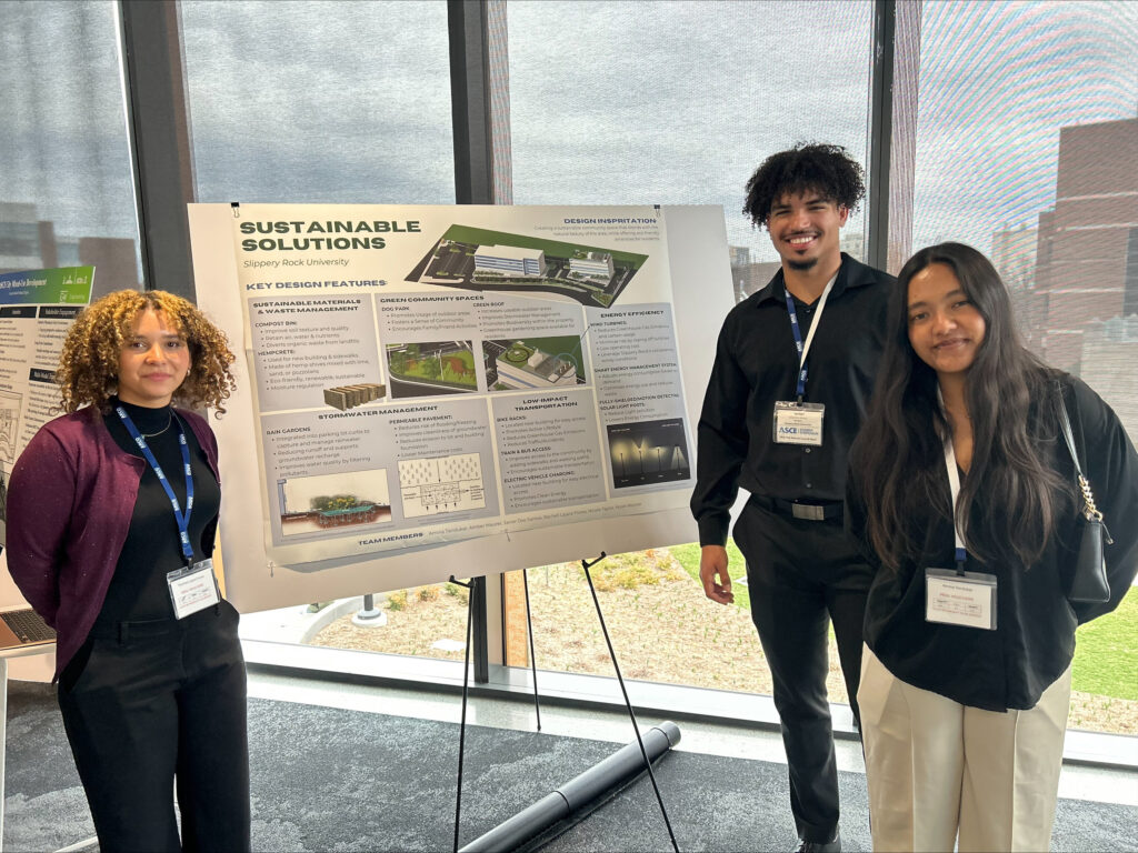 From left, SRU students Rachell Lajara Flores, Javier dos Santos and Amina Tandukar and at the 2025 Mid-Atlantic East and West ASCE Symposium at Penn State, presenting their third-place poster.