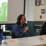 Center, Emily Borcz, ’04, regional supervisor, Pennsylvania Outdoor Corps, speaks as part of an alumni panel discussion at SRU.