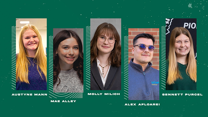 From left, the All-Pennsylvania Academic Team honorees who are transferring to SRU in the fall include Austyne Mann, Mae Alley, Molly Milich, Alex Afloarei and Sennett Purcel.