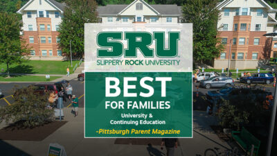 SRU graphic that says Best for Families over a photo of residence halls