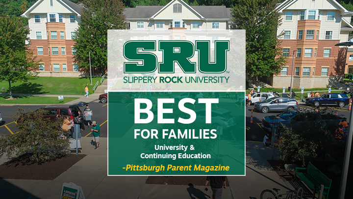 SRU graphic that says Best for Families over a photo of residence halls