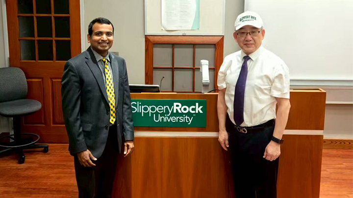 From left, Prasad Vemala, dean of SRU’s College of Business, meets on SRU’s campus with Tony Nie, vice president and dean of the School of International Education at Quanzhou University of Information Engineering.