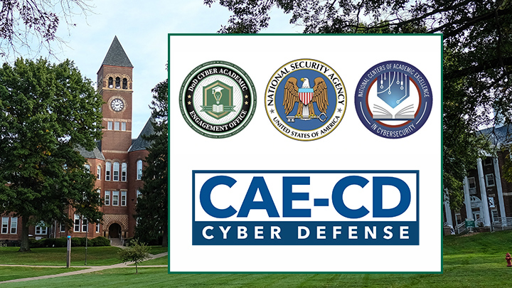 Old Main at SRU with the logos of the DoD Cyber Academic Engagement Office, the NSA, and National Centers of Academic Excellence in Cybersecurity.