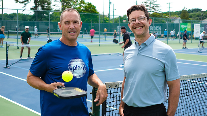 From left, Gino Cicconi and Michael Holmstrup made guest appearances at SRU’s tennis courts during the Rock Pickleball Summer Smash on Aug. 2.