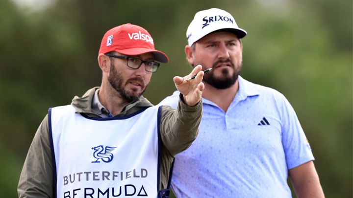 From left, SRU alumnus Jeff Hamley caddies for PGA Tour golfer Andrew Novak. Hamley first partnered with Novak seven years ago on the Korn Ferry Tour and has since helped guide Novak to a No. 31 position in the world rankings.