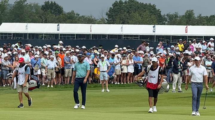 From left, Jeff Hamley and Andrew Novak walk a fairway at this year’s U.S. Open at the Oakmont Country Club next to caddie Harry Diamond and Rory McIlroy. Hamley and Novak placed 42nd in the tournament.