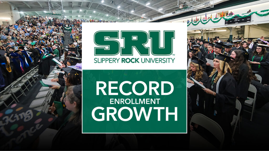 Graduates behind a graphic that says SRU Record Enrollment Growth
