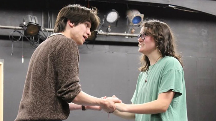 From left, SRU acting majors Aiden Duez and Paja Clark rehearse for "Constellations" in which Duez plays Roland and Clark Marianne.