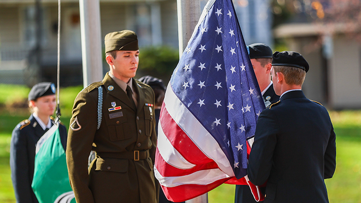 SRU Army ROTC cadets raise the colors at last year’s Veterans Day Ceremony outside of Russell Wright Alumni House.
