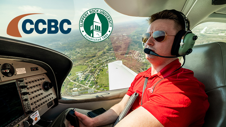 CCBC and SRU logos plus a student pilot in a cockpit