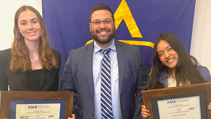 From left, Slippery Rock University civil engineering student Amber Maurer, SRU assistant professor of engineering Iuri Santos, and SRU civil engineering student Amina Tandukar, at the ASCE Engineers Week Banquet, Feb. 22, in Pittsburgh.