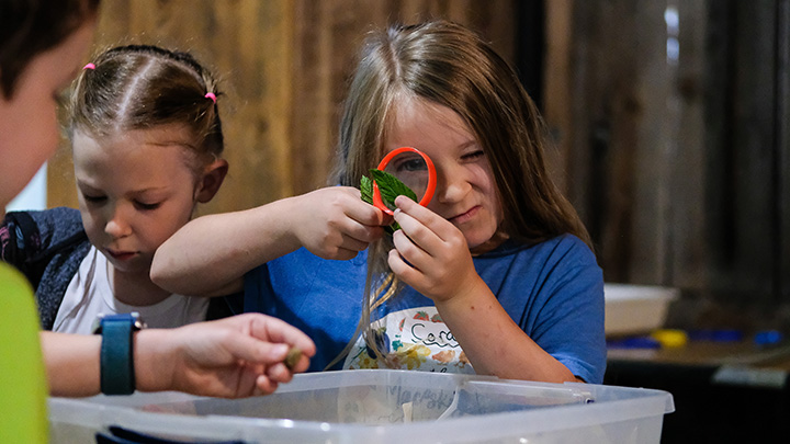 Camp attendee using a magnifying glass