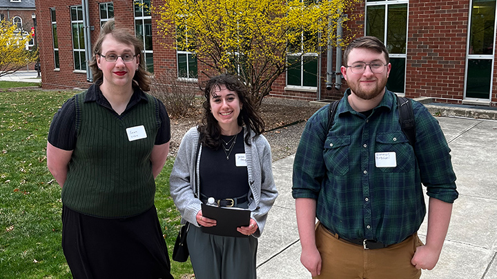 From left, Sean Logue, Jordan Ensign and Cameron Antoniotti presented scholarly research at the Interdisciplinary Association for Philosophy and Religious Studies Conference, March 29 at East Stroudsburg University.