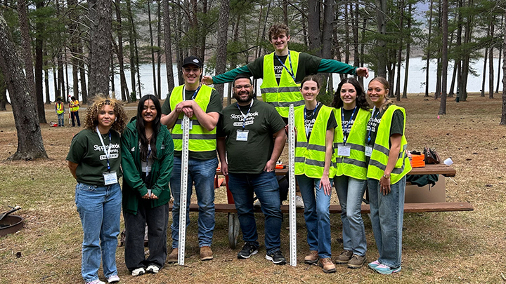 From left, the SRU competitors at the ASCE symposium at Penn State included Rachell Lajara Flores, Amina Tandukar, Michael Armanini, Iuri Santos (assistant professor of engineering), Jack Bridges, Amber Maurer, Rachel Ferrick, and Alice Bogia.