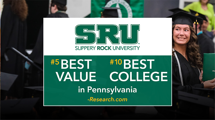 Graphic that says SRU Best Value #5 and Best College #10 in Pennsylvania with a graduating student in the back.