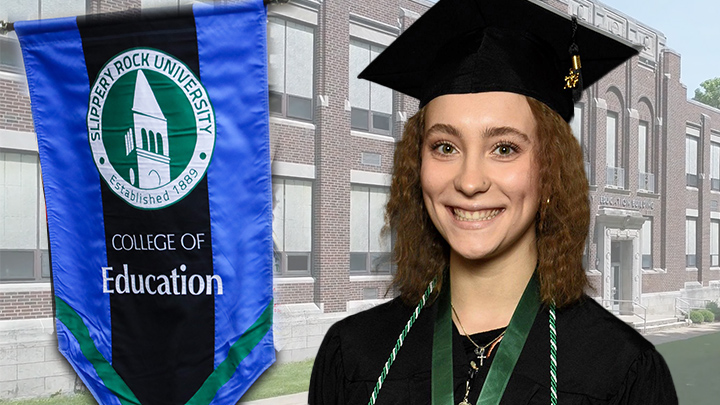 Student in graduation cap in front of McKay building with College of Education banner.