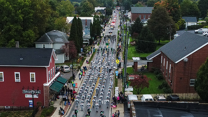 aerial photo of Slippery Rock during a homecoming parade.