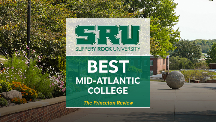 Graphic that says Best Mid-Atlantic College by the Princeton Review in front of a campus image.