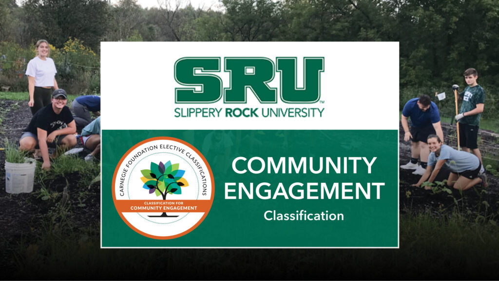 Community Engagement seal with students planting garden