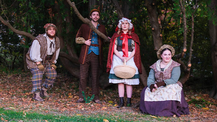 From left, cast members of SRU Theatre's production of "Into the Woods" include Jaden Mabin as Jack, Adam Fox as Baker, Peyton Houston as Red Riding Hood, and McKenna Cover as Baker's Wife.