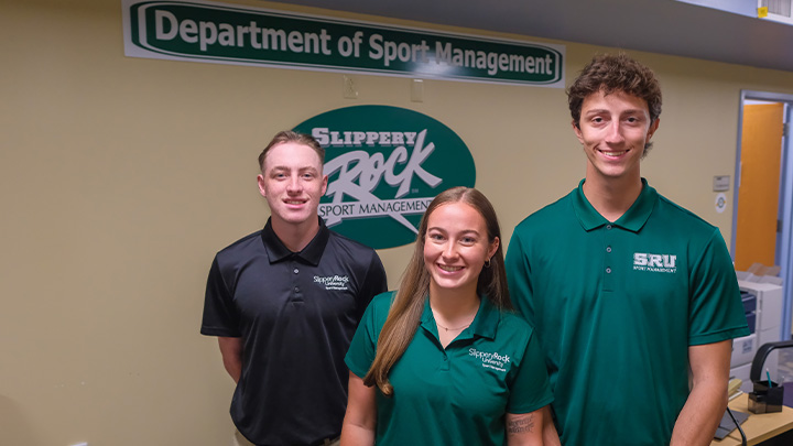 From left, Slippery Rock University sport management majors Aaron Chaplin, Jonathan Wess and Mikayla Perry are recipients of the Stadium Managers Association Foundation scholarships for 2025.
