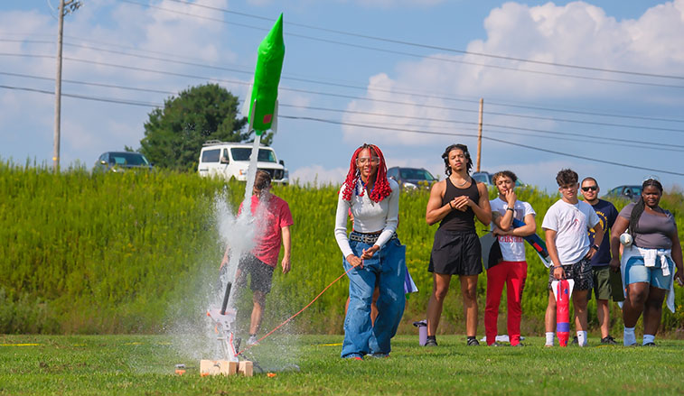 Students from Slippery Rock University’s Keystone Louis Stokes Alliance for Minority Participation program conducted a pressurize water bottle rocket launch activity as part of their Summer Bridge Program at SRU.
