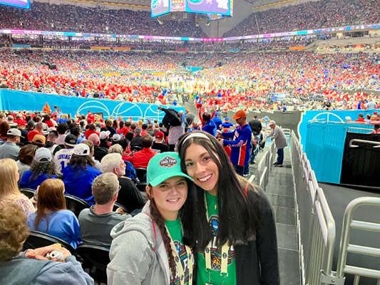 Slippery Rock University sport management students Kylee Copley and Zoie Smith at the Alamodome.