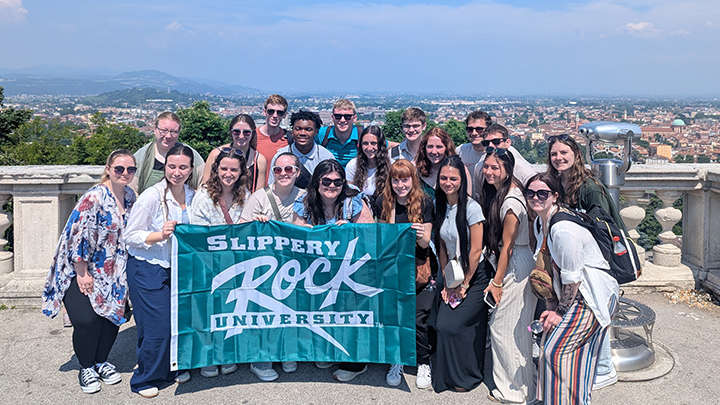 Angelena Russo (front row, third from right) was one of 22 Slippery Rock University students who traveled to Italy for a study abroad program, where they visited on the Terrazza di Monte Berico, overlooking Vicenza, among other sites, from historical churches to botanical gardens, and even Burano Island.