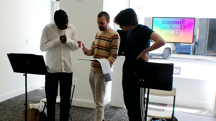 Aidan Duez, far right, rehearses with Daniel Amedee (middle), a co-creator and writer of STATIC, and Dedrick Kendis (left), a graduate of NYU Tisch. The small cast and creative team rehearsed and refined "STATIC" for only two weeks before performing at the Scranton Fringe Festival.