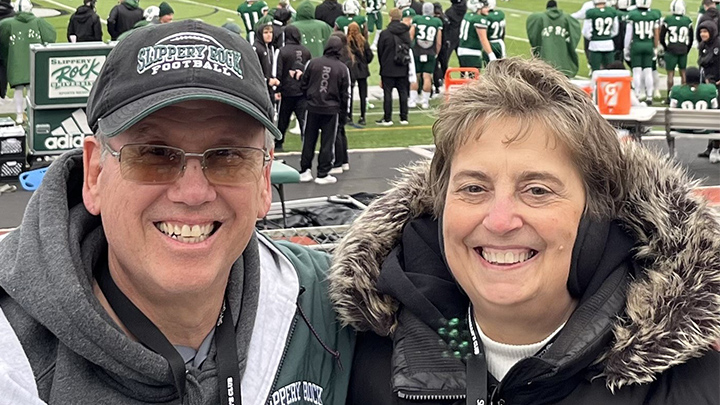 Mike, ’76, and Maria, ’76, Bachuchin returned to SRU to see a recent football game and reminisce from their college days when Mike was a football player and Maria was a member of the dance team.