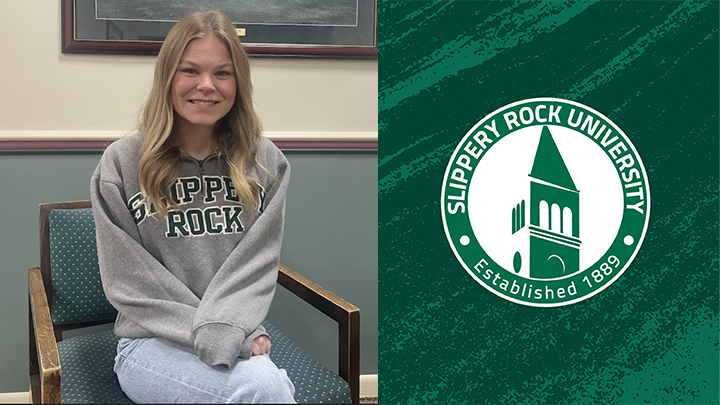 Women sitting in chair next to SRU logo.