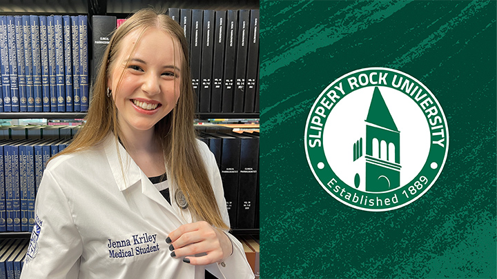 Woman wearing white coat holding up her name tag that says Jenna Kriley Medical Student