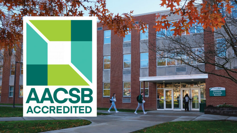 AACSB logo with classroom building and students walking outside.