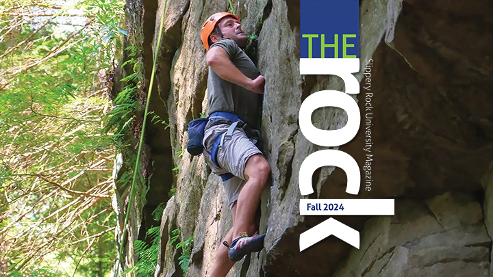 Shawn Davis, an avid rock climber, scales a cliff face at McConnells Milll State Park near Portersville