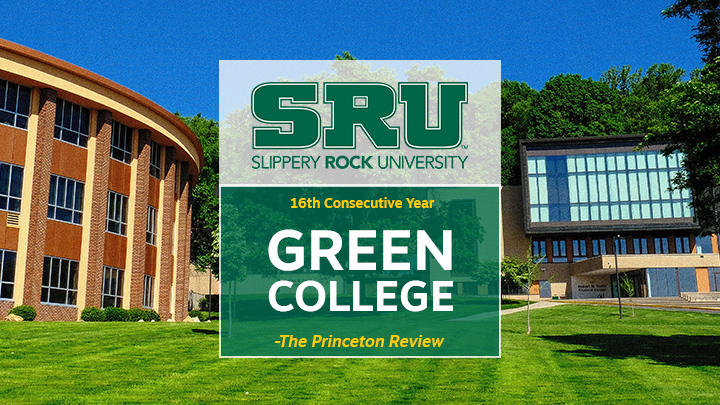 Green College by Princeton Review graphic on an sru campus shot