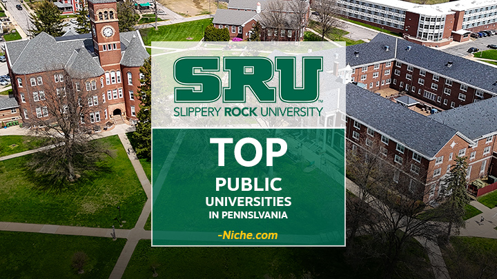 Top public universities from niche.com graphic over sru campus