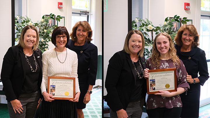 Two side by side photos of recipients of commendation plaques.