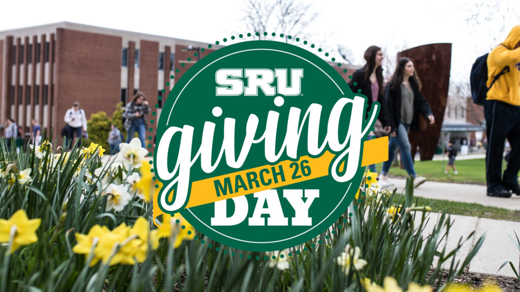 Flowers on campus behind graphic that says SRU Giving Day March 26