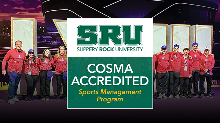 SRU COSMA graphic in front of students at the Super Bowl