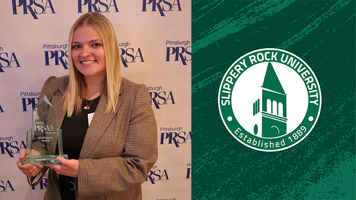 Jensen Troy proudly holds her Rising Star Award from PRSA Pittsburgh, celebrating her achievements as a young leader in public relations and marketing.