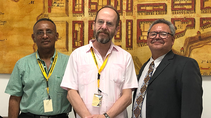 From left, scholars of Latin America studies Pantaleón García from the University of Panama, Thomas Pearcy from Slippery Rock University, and Fernando Aparicio from the University of Panama, have collaborative for more than three decades to make public the archives of the late Panamanian President Belisario Porras.