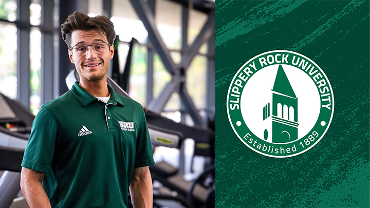 Student standing in lab with treadmills next to SRU logo