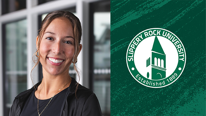 Portrait of woman next to SRU logo