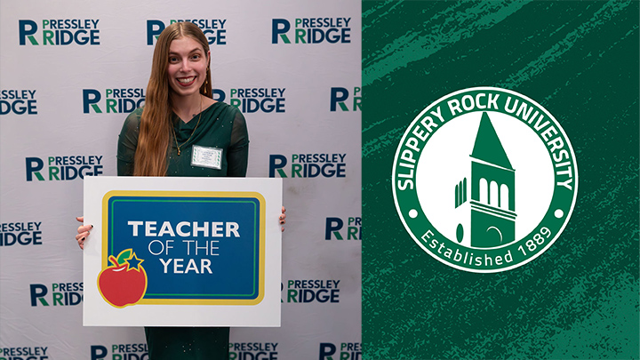 Teacher holding a sign that says Teacher of the Year next to SRU logo