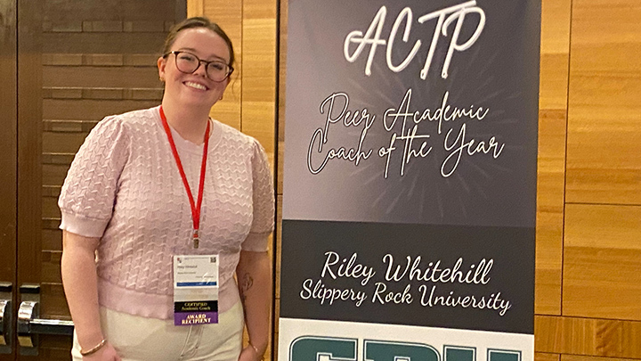 Riley Whitehill, an SRU senior psychology major, was recognized as the Peer Academic Coach of the Year by the Association for the Coaching and Tutoring Profession at the ACTP annual meeting in Seattle, where she shared her project about the use of coaching assessments used at SRU.