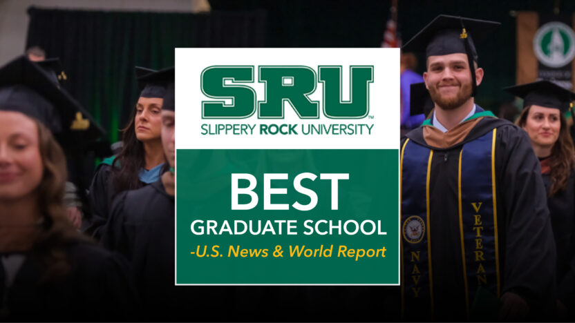 Graduates in caps and gowns behind a graphic that says SRU Best Graduate School by U.S. News