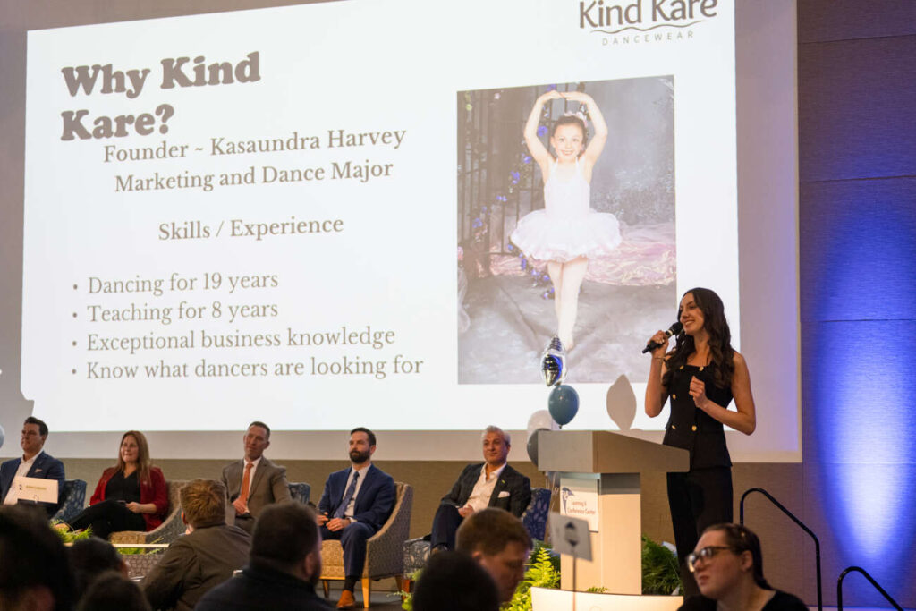 Kasaundra Harvey pitched her business plan for Kind Kare Dancewear to a panel of “sharks,” as local business executives judged the competition. Photo credit: Matthew Brown/Butler Eagle
