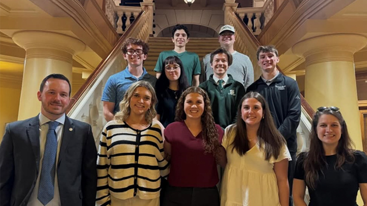 SRU students visited the State Capitol Building on April 14. Top row, from left, SRU students Timothy Young and Connor Pavlicko. Middle row, from left, SRU students Owen Maharg, Anna Goberish, Ray Eschenbach, Gavin Wade. Front row, from left, Sean Crampsie, director of government relations for APSCUF, the faculty union; SRU students Jaeda Johnston, Raegan Czerniewski, and Emma Williams; and Sarah Hammond, deputy director of legislative affairs for the PA Department of Agriculture, who is a 2016 SRU alumna.