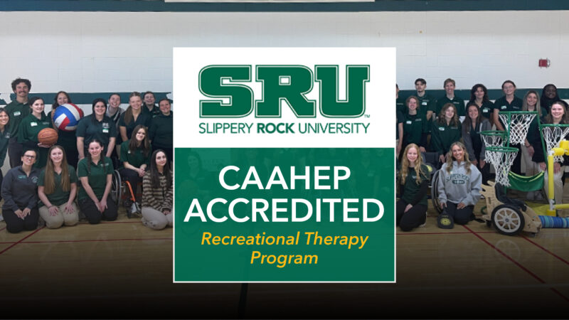 Group of people at an adaptive sports clinic behind a graphic that says SRU CAAHEP Accredited.