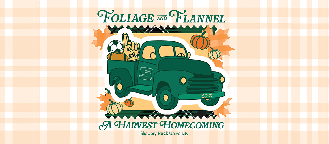 Graphic of a Truck with pumpkins that says Foliage and Flannel, A Harvest Homecoming
